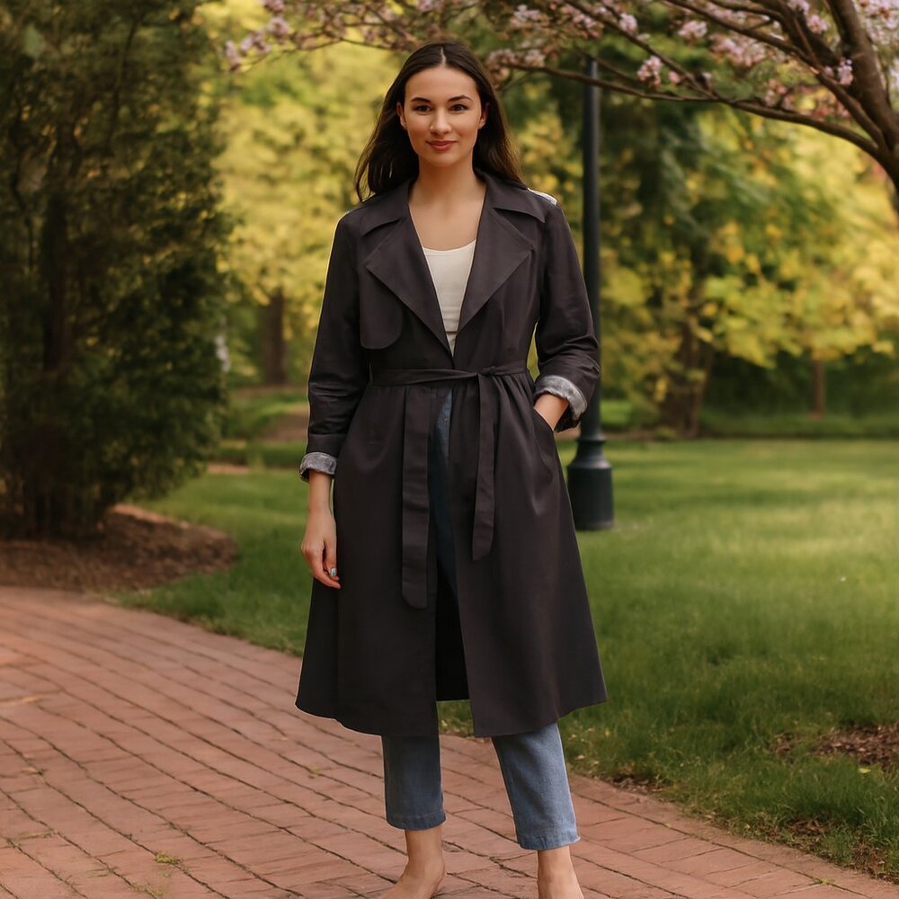 CC Collect Dark Brown Trench coat, Size M Plaid Cuffs